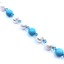 Women&#39;s Beaded Bangle Turquoise Pearls Blue Topaz Stainless Steel - £33.09 GBP