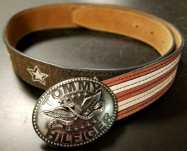 Tommy Hilfiger Brown Leather Belt Stars &amp; Stripes Size S 30-32 Americana Themed - £21.40 GBP