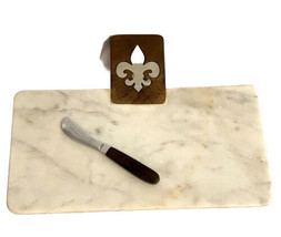 Fleur De Lis White Marble Wood Handle Cutting Board Server W Spreader 12Inx6In - £21.57 GBP