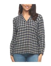 Felina Womens Top Navy Blue Multicolor Plaid V-Neck Long Bell Sleeves Lu... - $37.99