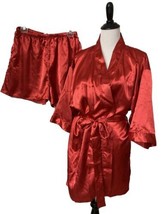 Metropolitan Pajama Shorts &amp; Robe Sz L Red Satiny Smooth Two Pieces - $17.88