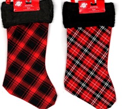 Christmas Holiday 18 Inch Classic Red and Black Plush Felt/Velvet Stockings Set - £13.44 GBP