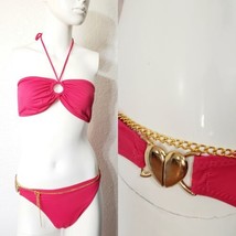 Coral Pink 2 Piece Bikini Swimsuit w Gold Clasp Chain Accent Barbiecore Sz M - £30.11 GBP