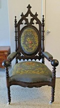 Antique Gothic Revival Mahogany and Needlepoint Ball Arm Throne Chair Ar... - £5,341.69 GBP