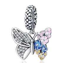 New S925 Butterfly and Flowers Charm for Bracelet Necklace - £8.53 GBP