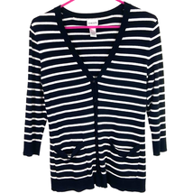 Chicos 0 Button Pocket Front Cardigan Stripe V Neck 3/4 Sleeve Stretch Womens S - £14.06 GBP
