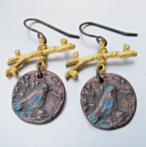 Handmade Vintage Patinated Bronze &amp; Gold Tone BIRD COIN Dangle Earrings - $21.73