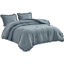 Queen Oversized Blue Ruffled Edge Microfiber Comforter Set - $218.17 CAD