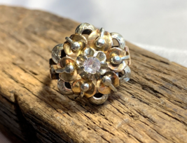 Vtg 18K Yellow &amp; White Gold Ring Sz 8.25 Clear Color Stone Fine Jewelry 5.79g - £553.91 GBP