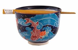 Auspicious Red Koi Fishes In Blue Waters Donburi Ramen Bowl With Chopsti... - $18.99