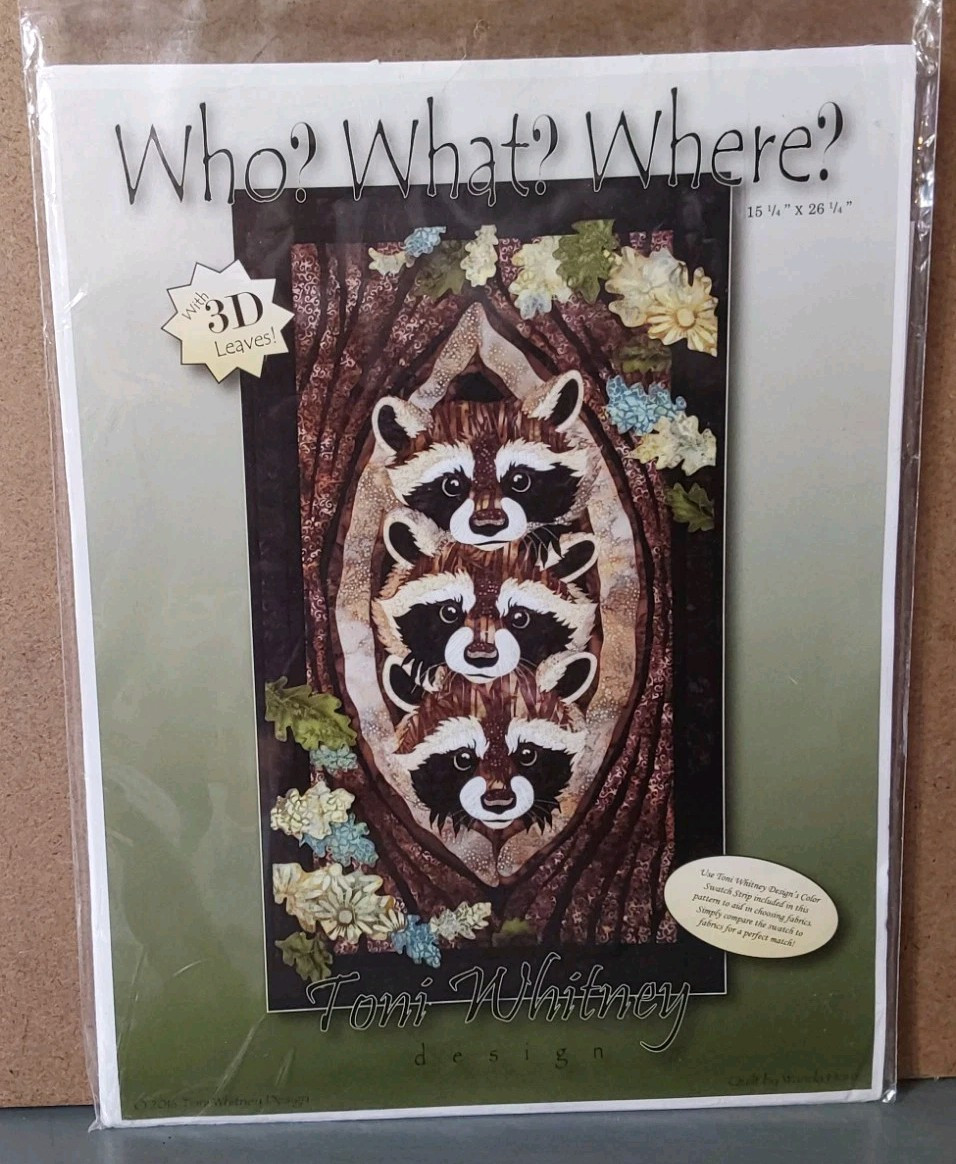 Who What Where Quilt Pattern Toni Whitney 2016 Racoons Tree 3D Leaves Ap... - $17.63