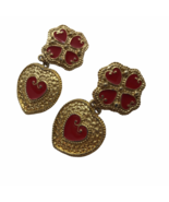 Vintage Dangle Drop Clip Earrings Hearts Red Enamel Mod Textured Metal S... - £15.49 GBP