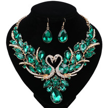 Luxury Gold Color Green Crystal New Collier Femme Double Swan Statement Necklace - £18.05 GBP