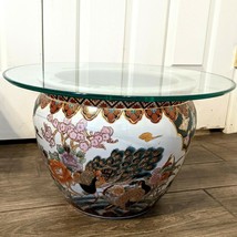 Chinese Porcelain Fish Bowl With Round Glass Top End Table Peacock Design - £253.49 GBP