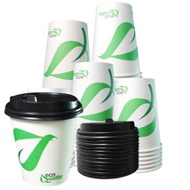 10oz Disposable Biodegradable White Paper Coffee Cups with Black Dome Lids 200pc - £48.50 GBP
