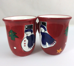 Set Of 2 Everyday Gibson Red Christmas Snowman 4.5&quot; Coffee Cups - $15.83