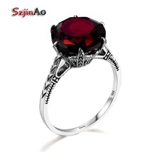 Szjinao Dark Red Garnet Rings For Women Real 925 Sterling Silver Flower Charms B - £38.78 GBP