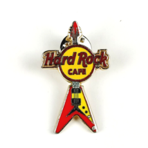 Vintage Hard Rock Cafe Red Yellow Flying V Guitar Lapel Pin with Hologram - RARE - $7.75