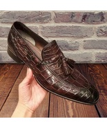 Men Handmade Moccasin Brown Crocodile Texture Leather Shoes Formal Casua... - £144.57 GBP