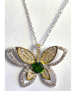 Designer 925 Sterling Silver Butterfly Pendant Emerald &amp; Pave Diamond 18" - $55.69