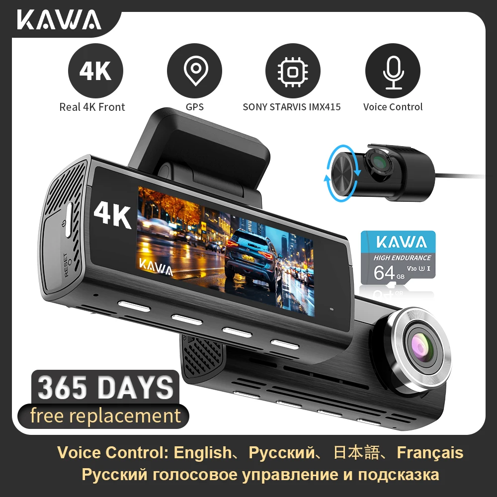 KAWA Dash Cam for Cars 4K Front &amp; 1080P Rear Camera DVR in the Car Video - £165.89 GBP+