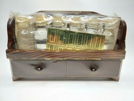 Vintage Wooden Spice Rack 2 Drawers w/ 6 Glass Jars and Labels Apothecary Sealed - £19.00 GBP