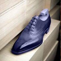 New Men&#39; Handmade Genuine Blue Leather Oxford Lace Up Wingtip Formal Dress Shoe - $128.69