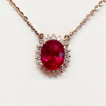 3.15Ct Oval Cut Simulated Red Ruby 14K Rose Gold Plated Halo Pendant 18&quot; Chain - £58.07 GBP