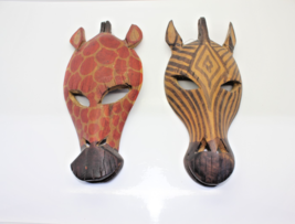 Hand Carved in Kenya Wooden African Zebra And Giraffe Masks Wildlife Wal... - $22.87