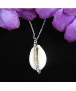 COWRIE SHELL Pendant RHINESTONES Vintage NECKLACE Silvertone 20&quot; LOFT OU... - $16.82