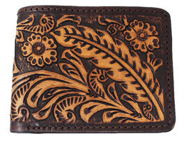 Men's Western Antique Feather Floral Tooled Leather Bi-Fold Wallet 18RTW... - $46.52