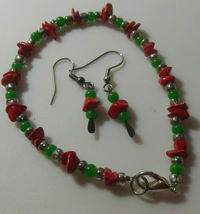 Green Agate &amp; Red Coral Bead Bracelet &amp; Hook Earrings - $18.80