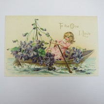 Tuck Postcard Greeting Valentine Girl Row Boat Purple Flowers Embossed UNPOSTED - £7.80 GBP
