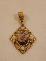 Vintage Rose Enamel &amp; Faux Pearls Gold Tone Diamond Shaped Pendant/ Charm - £9.38 GBP