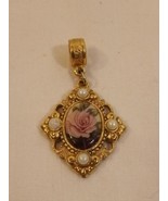 Vintage Rose Enamel &amp; Faux Pearls Gold Tone Diamond Shaped Pendant/ Charm - £9.34 GBP