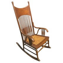 Antique Oak Rocking Chair – Spindle Back Cane Seat Arts &amp; Crafts Era Min... - $141.54