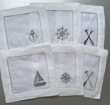 Sferra Nautical Silver Embroidery Cocktail Napkins Hemstitch Linen 6x6 S... - $29.90