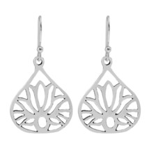 Ravishing Lotus Flower Outline in Teardrops Sterling Silver Dangle Earrings - £16.15 GBP