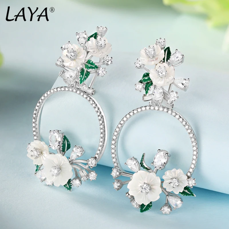 925 Sterling Silver Fashion Natural Shell Flower Green Leaf Enamel Shining Zirco - £85.08 GBP