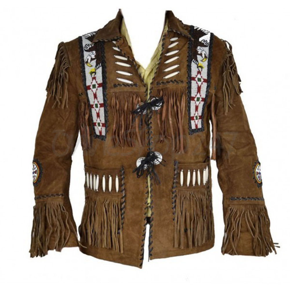 New Mens Native American Western Scully Suede Leather Jacket Fringes Eagle Beads - $159.99