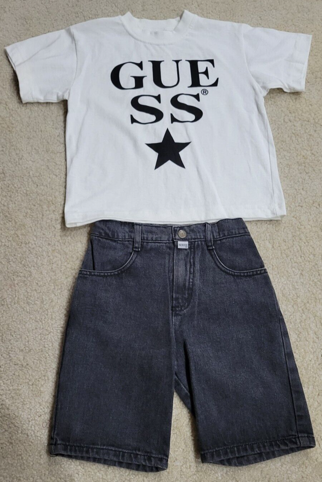 Primary image for Vintage 90s B&W Baby Guess 2 Piece Shirt & Shorts Set Baby Size L (5Y) USA RARE