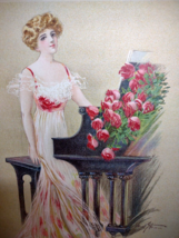 Victorian Art Print Women Musician Piano Player Roses Lithograph 1909 Maud Stumm - £34.76 GBP