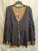 FLORHO Boho Blue Brown Tunic Floral Women’s Top V Neck Button Up 4XL NWT - £18.67 GBP
