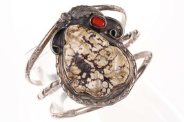 Navajo Sterling White buffalo turquoise and coral cuff bracelet - $343.04