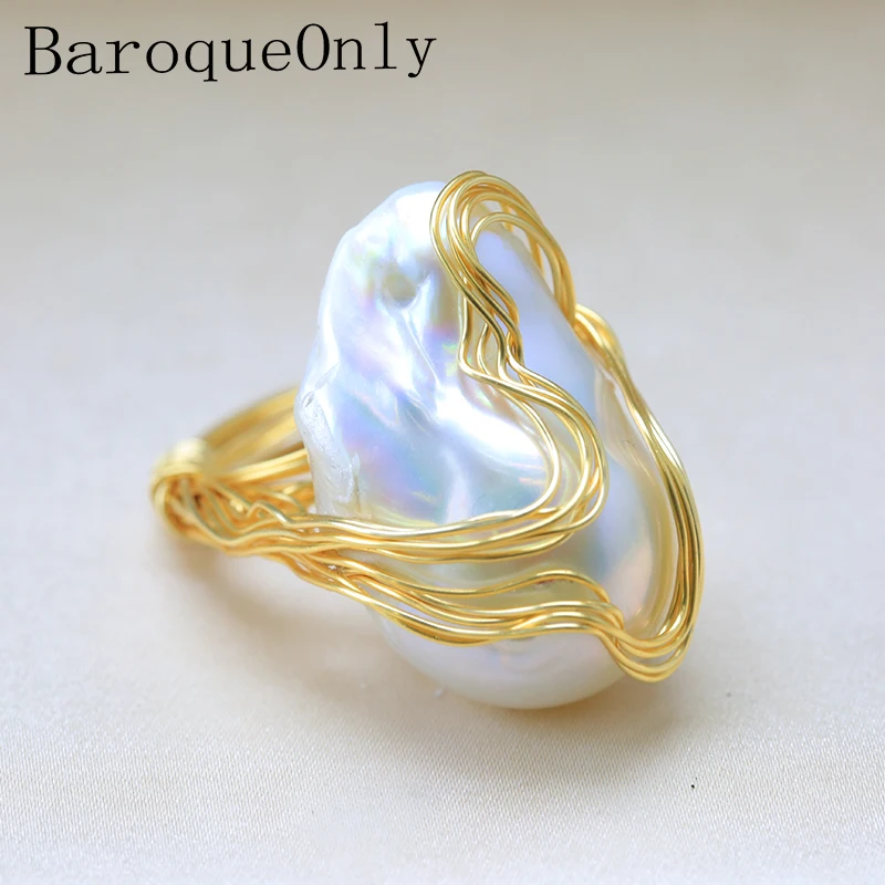 Handmade 15-30mm Big Baroque Beads Wire Wrapped Rings Natural Freshwater White P - £25.04 GBP