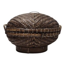 Oriental  Weaved Lidded Round Woven Basket Handles Brown - £22.45 GBP
