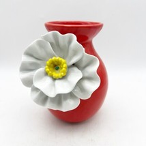 Anthropologie Accents Red Orange Poppy Vase – 6&quot; Ceramic Art Vase w White Flower - £23.97 GBP