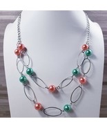 Coral &amp; Green Faux Pearls 23&quot;- 25&quot; Silver Tone Statement Necklace - £7.03 GBP