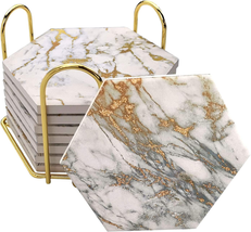 Drink Coasters with Metal Holder Stand, 8 Pcs Marble Design Ceramic Coaster Set, - £27.38 GBP