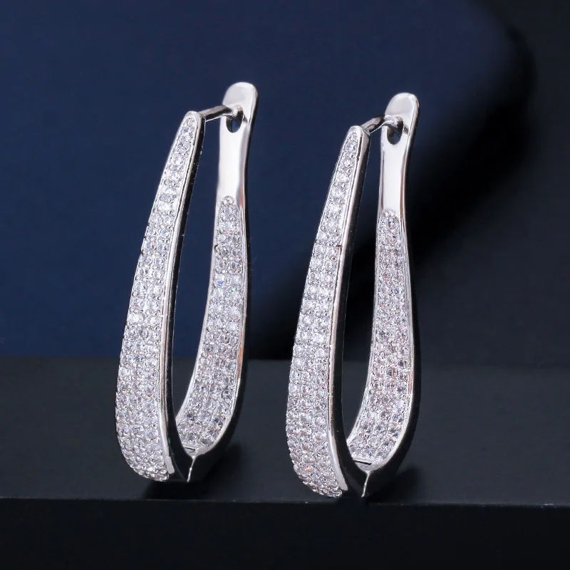 Micro Pave Cubic Zirconia Stone White Gold Color Luxury Big Hoop Earrings New Fa - $14.97